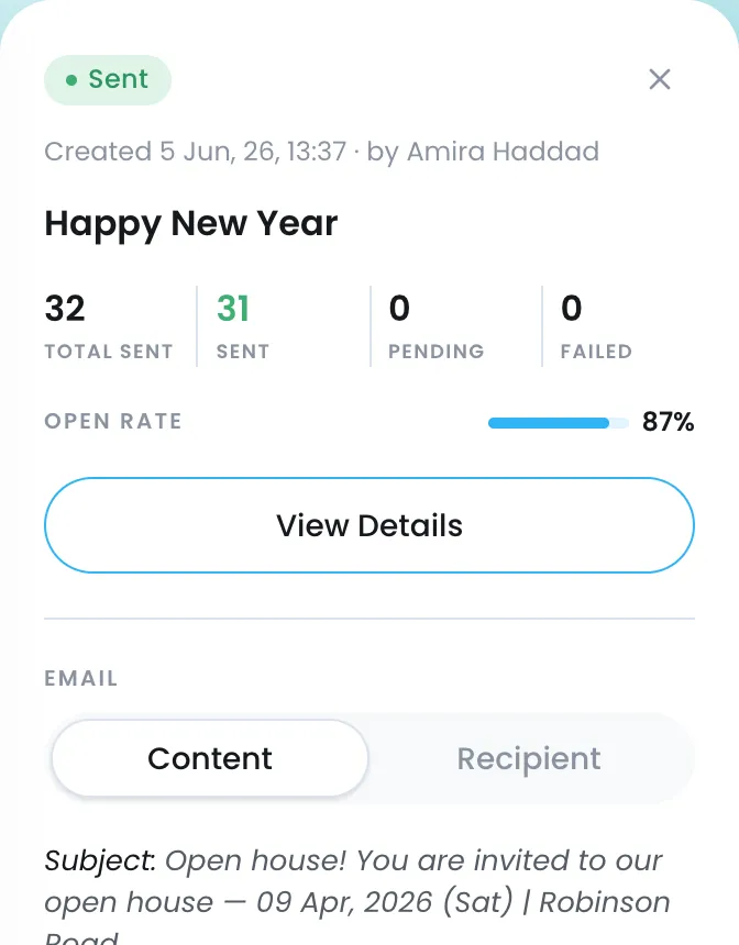 A sent campaign: 32 sent, 31 delivered, 87 percent open rate