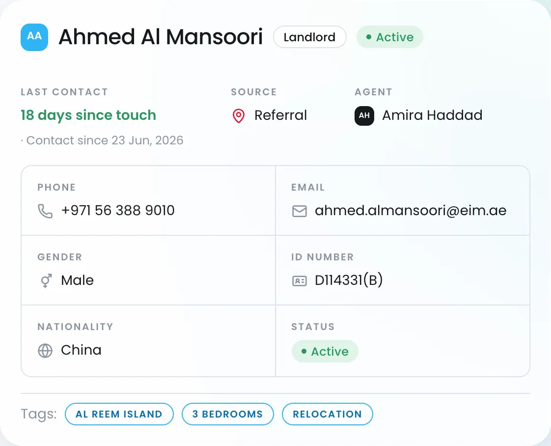 A landlord's contact card: last touch, source, agent, phone, email and tags
