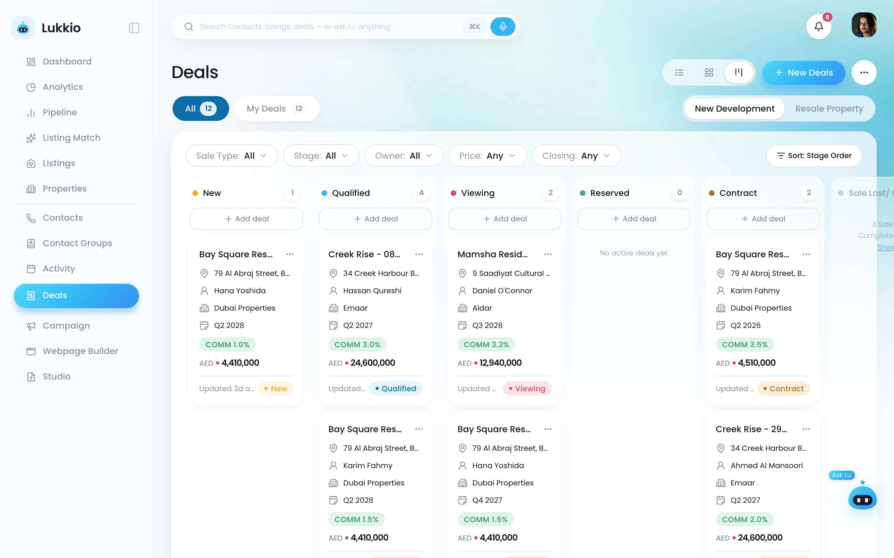 The deals pipeline in kanban view, one column per stage