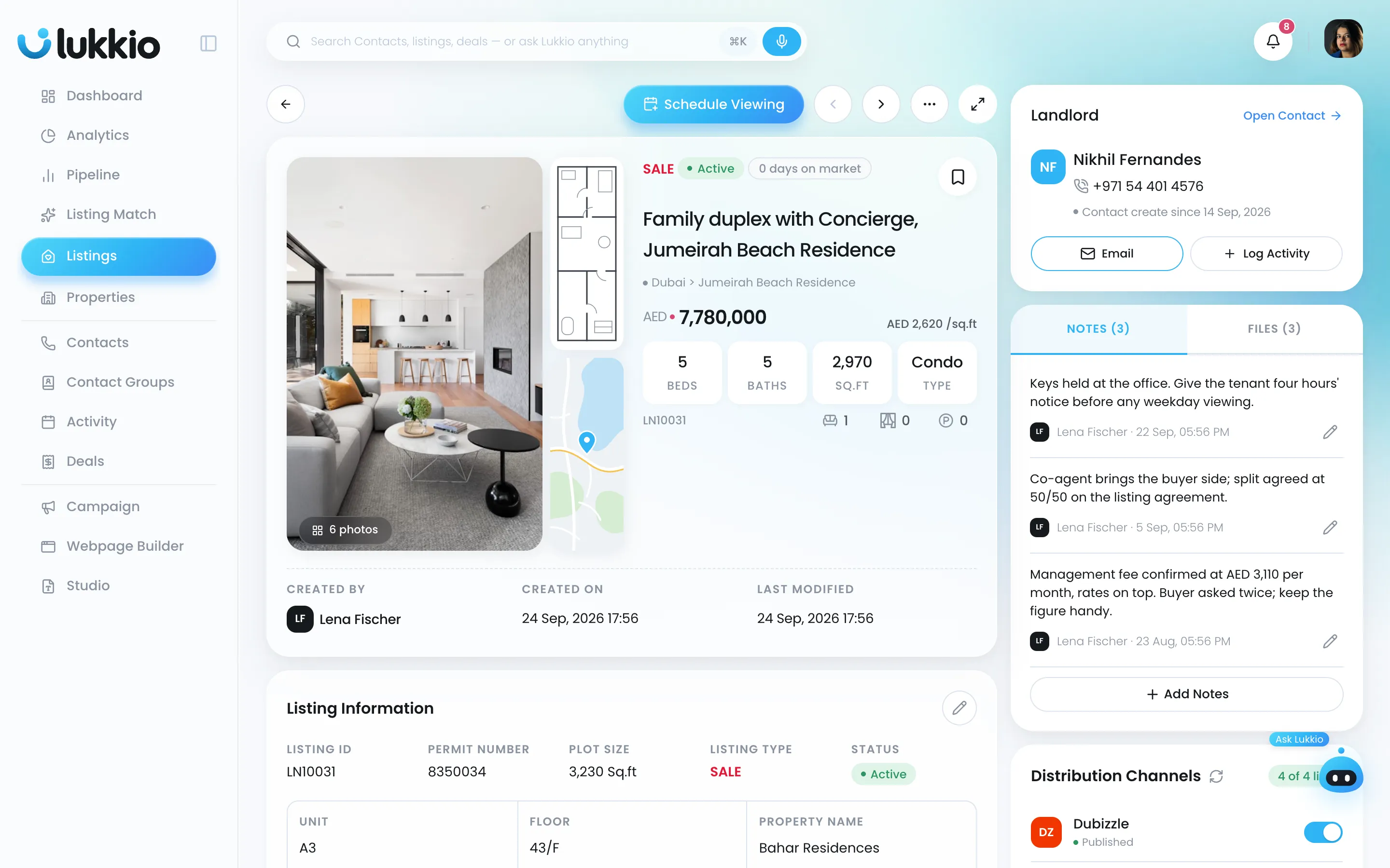 A listing record with photos, price, facts and the owner panel