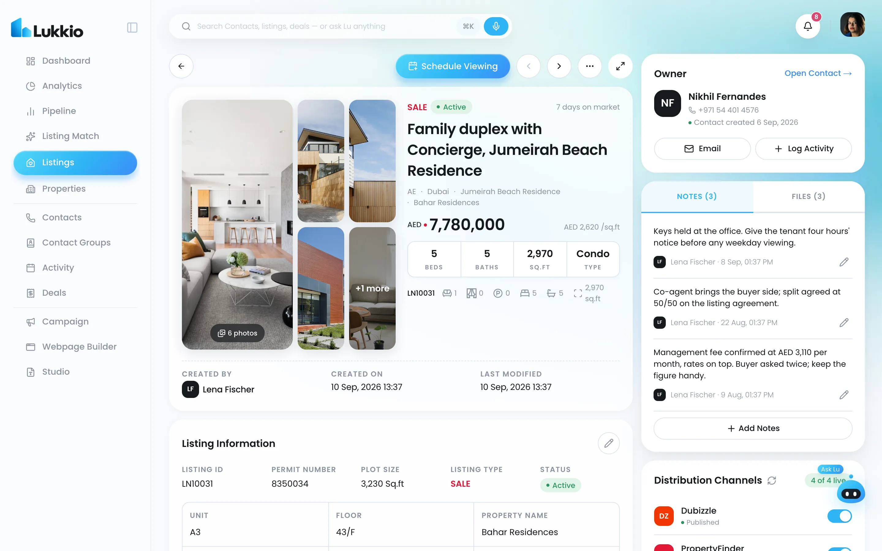 A listing record with photos, price, facts and the owner panel