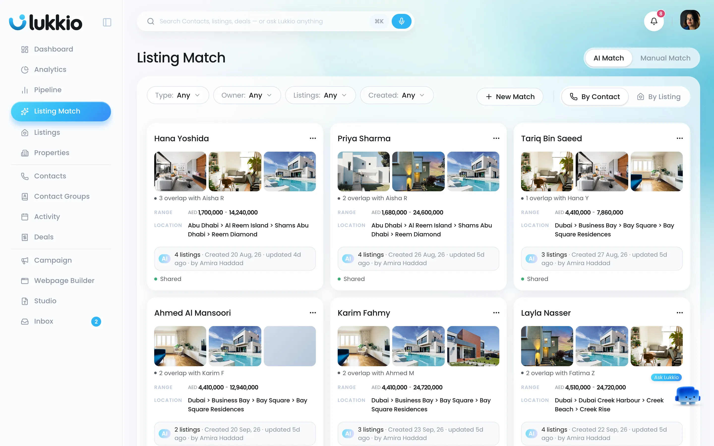 AI Match with a card per buyer and the listings that fit