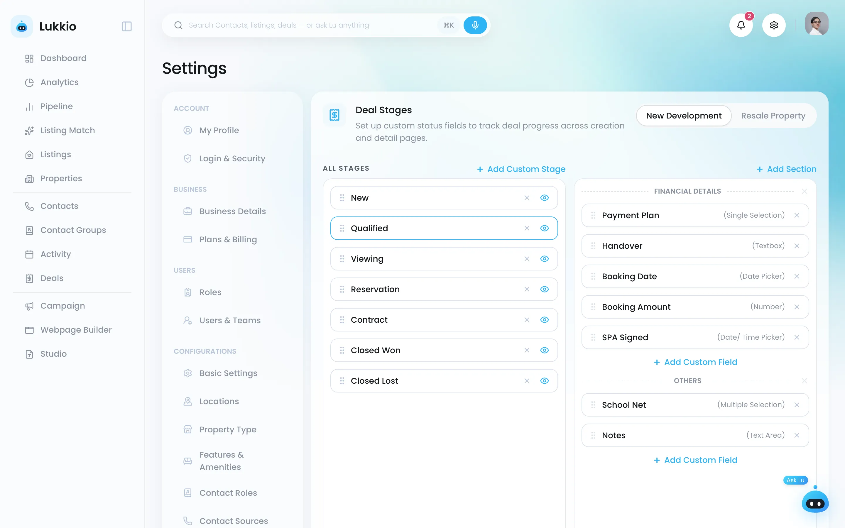 Settings: deal stages with custom fields per stage