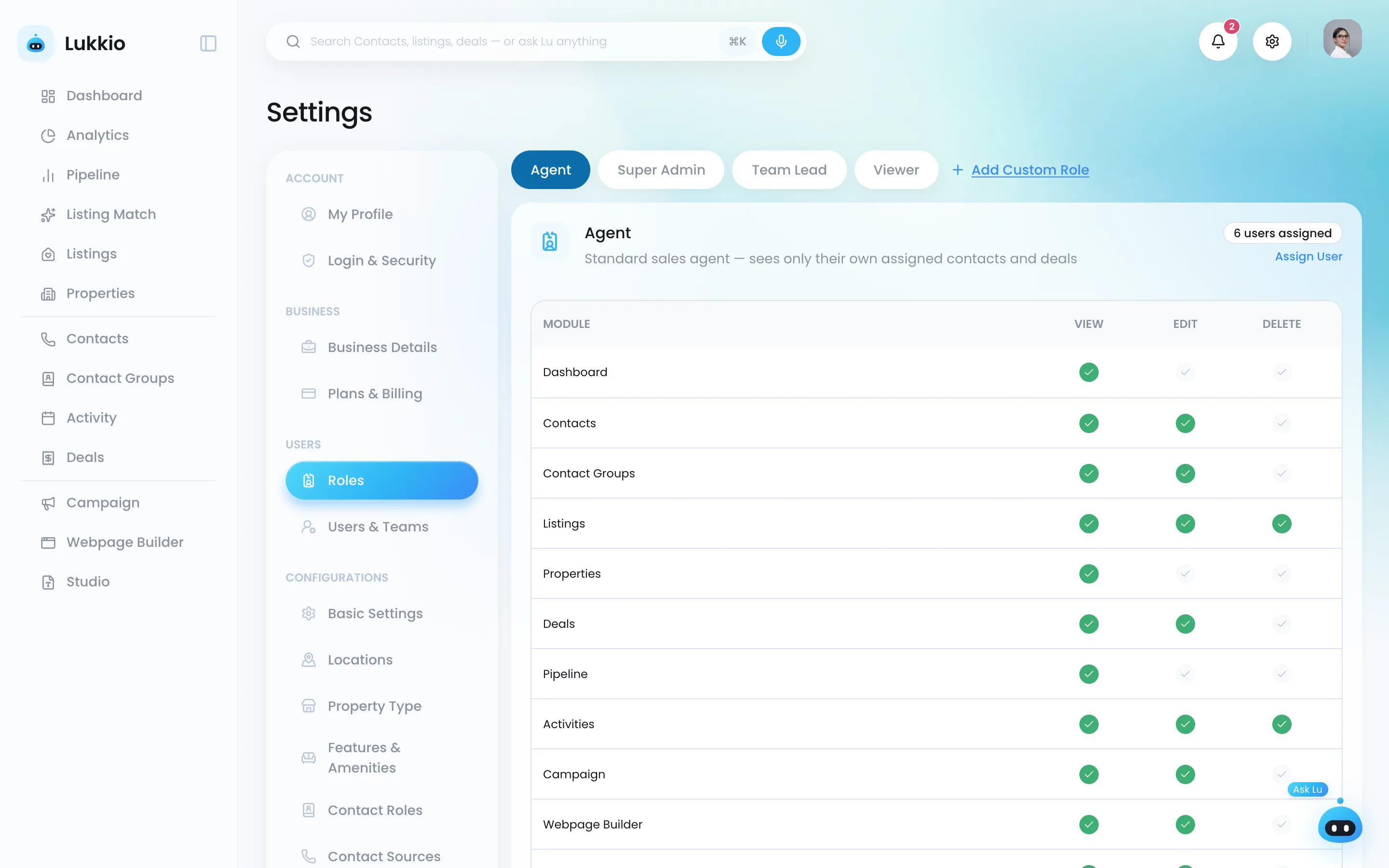 Settings: roles and permissions per module